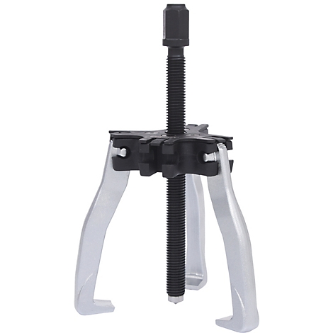 Ein silberner Abzieher mit drei Armen, einem schwarzen Gewindebolzen und einer schwarzen Mutter.